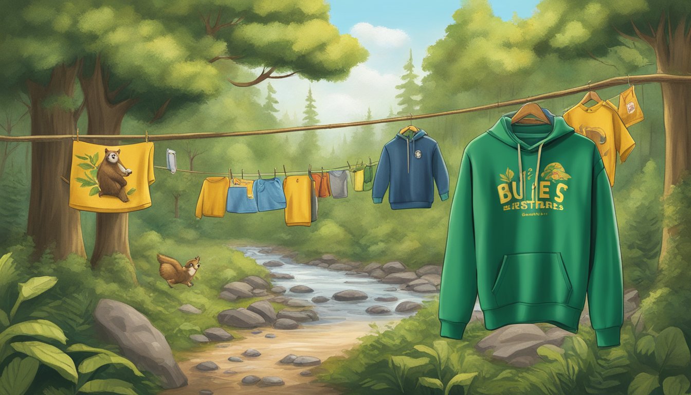 A lush forest with a clear stream, surrounded by wildlife and sustainable energy sources, with a cozy Buc-ee's sweatshirt hanging on a sustainable clothesline