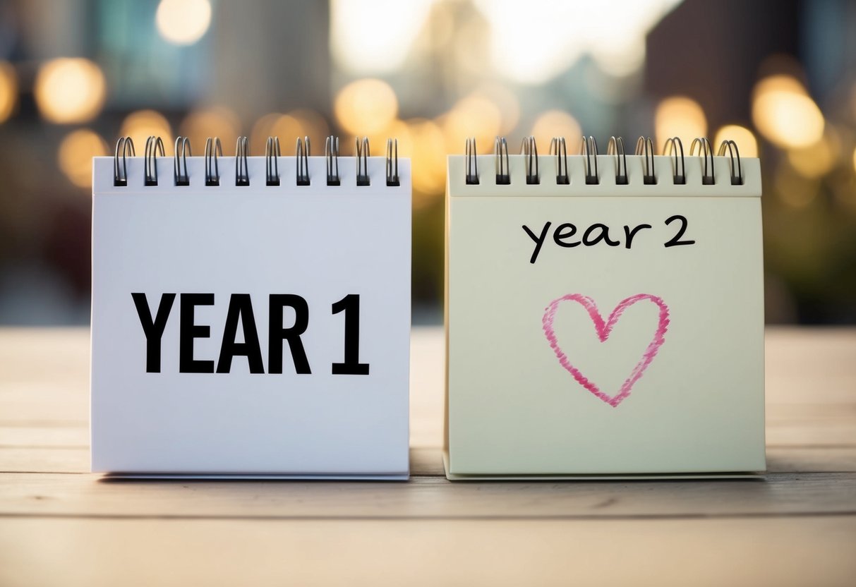 Two calendars side by side, one marked "Year 1" and the other "Year 2." A heart symbol is drawn on the second calendar