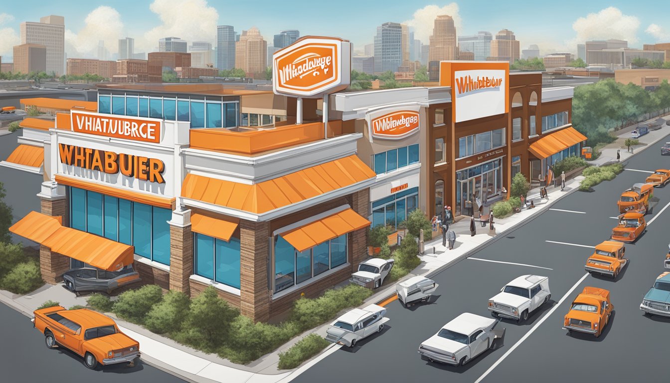 A bustling cityscape with a prominent WhatABurger sign and a line of cars at the drive-thru, surrounded by newly constructed buildings