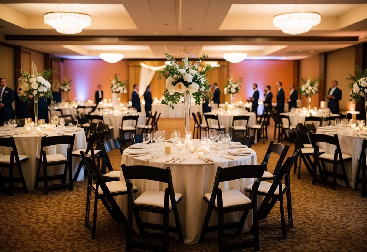 A wedding reception with a mix of tables, chairs, and decorations, with space for a moderate number of guests, creating a warm and inviting atmosphere