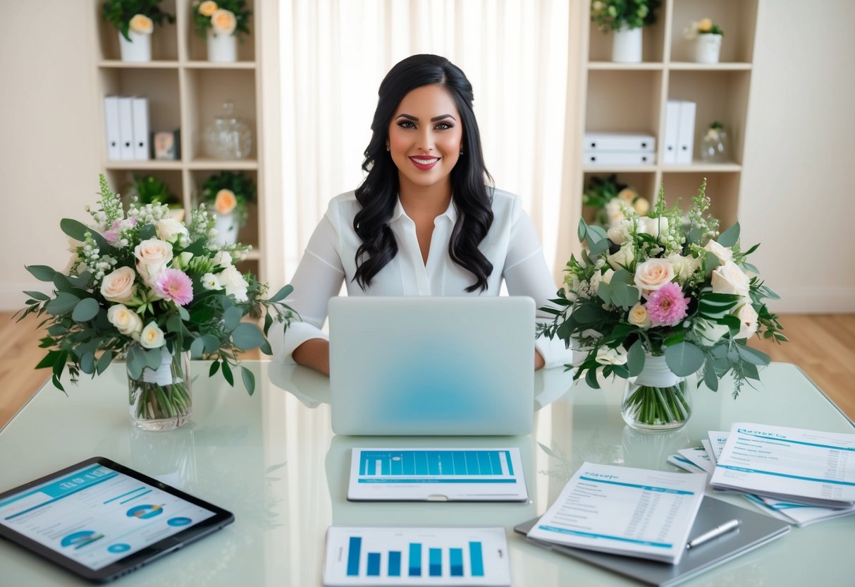 A wedding planner at a desk, surrounded by floral arrangements, venue brochures, and a laptop with financial spreadsheets open