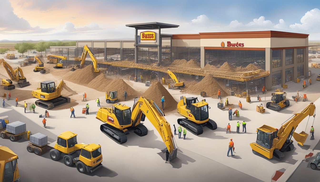 A bustling construction site at Buc-ee's Arizona, with heavy machinery, workers, and materials scattered across the area