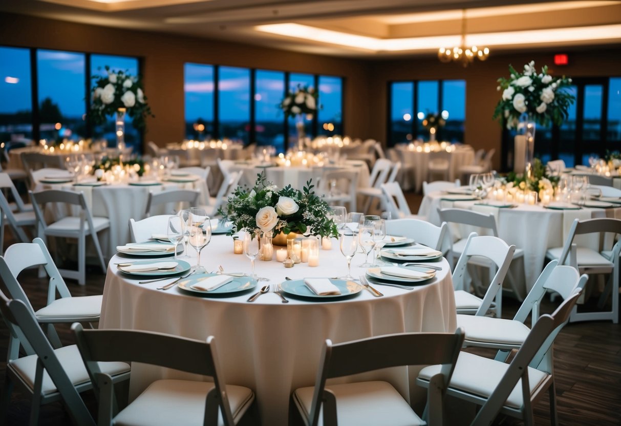 A wedding venue with tables set for a moderate number of guests, decorated with flowers and candles, with a spacious dance floor nearby