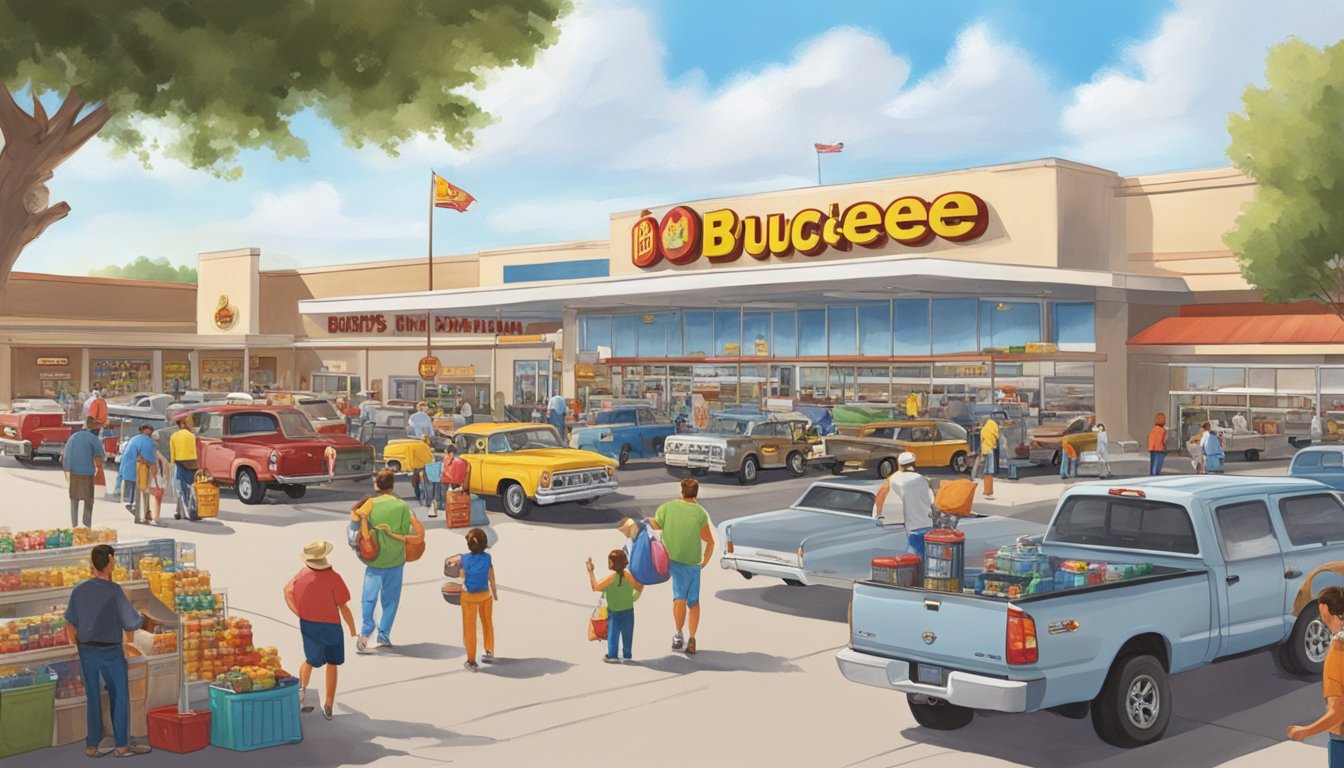 A bustling scene at Buc-ee's Arizona, with fuel pumps, a large convenience store, and a crowded parking lot filled with cars and RVs