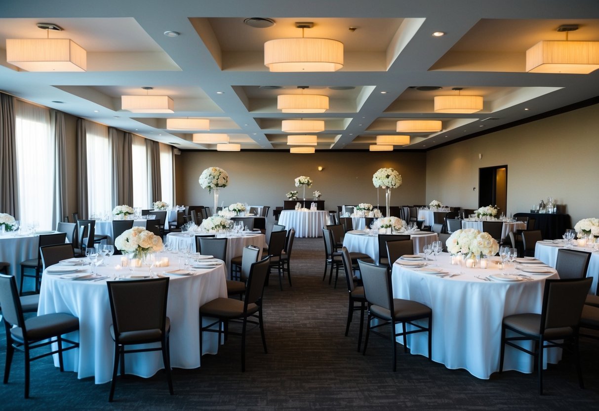 A wedding venue with tables and chairs arranged for a moderate-sized guest count. Decorations are minimal, indicating budget considerations