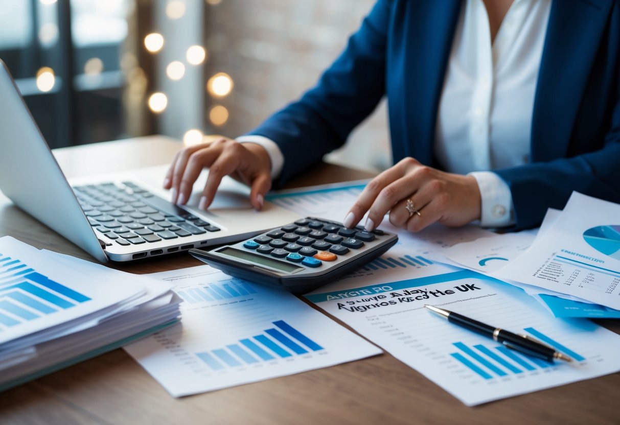 A wedding planner sits at a desk with a laptop and calculator, surrounded by papers and charts, calculating average salary figures for the UK