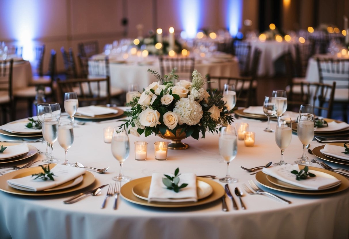A table set for a wedding reception, with elegant place settings for a moderate number of guests, surrounded by floral centerpieces and soft candlelight