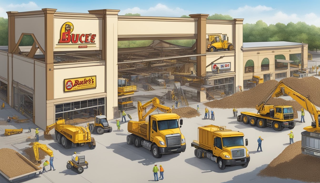 Busy construction site with workers, cranes, and trucks building the iconic Buc-ee's in Springfield, MO