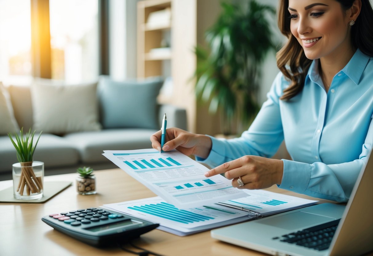 A wedding planner reviewing financial documents and spreadsheets in a cozy office with a calculator and laptop on the desk