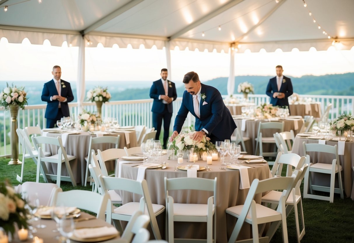 A wedding planner coordinating seating arrangements for a large outdoor reception, with tables set up under a canopy and a picturesque view in the background