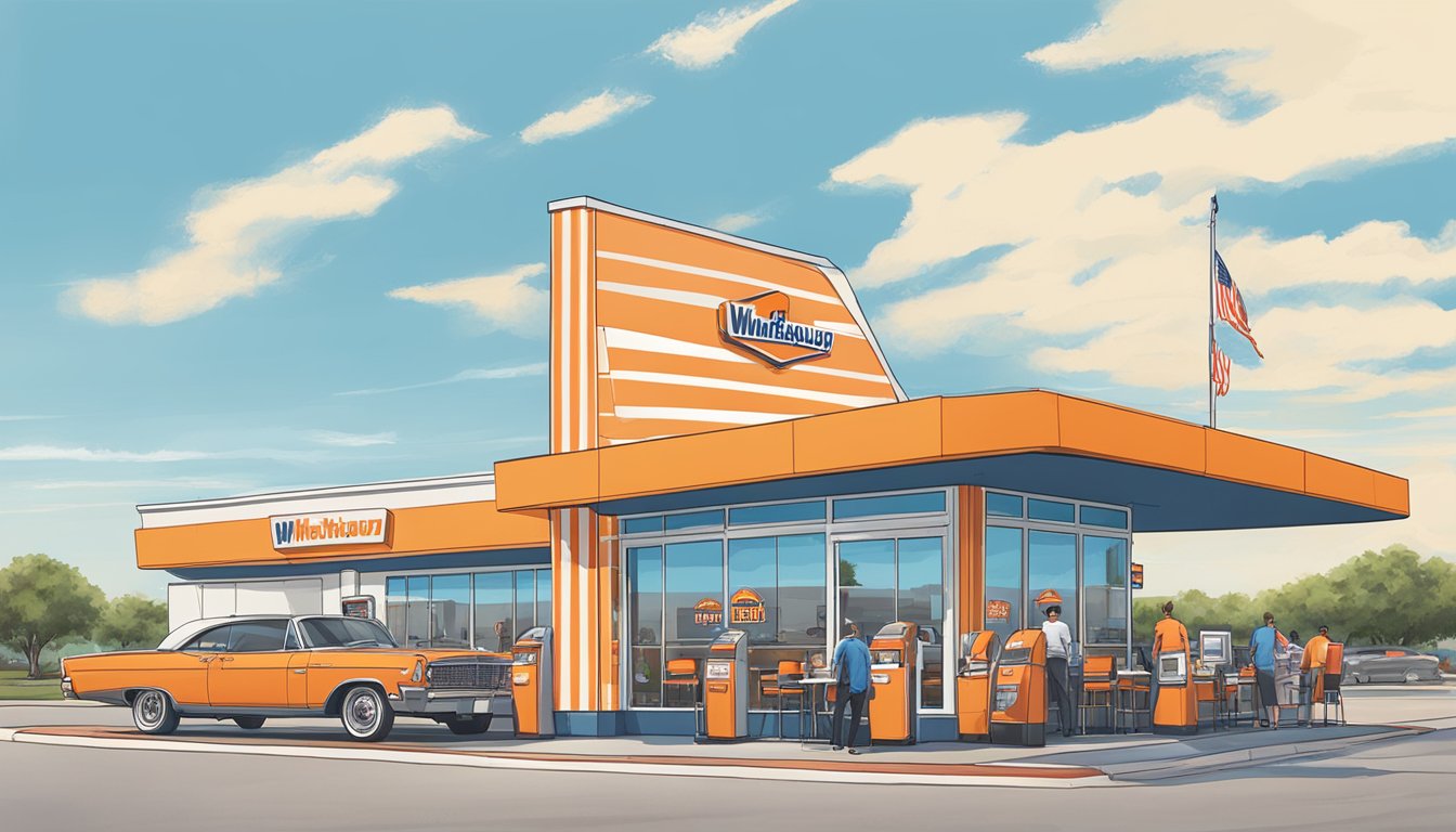 A busy Whataburger in Round Rock, with cars lined up at the drive-thru and customers dining inside the restaurant. The iconic orange and white striped building stands out against the blue sky