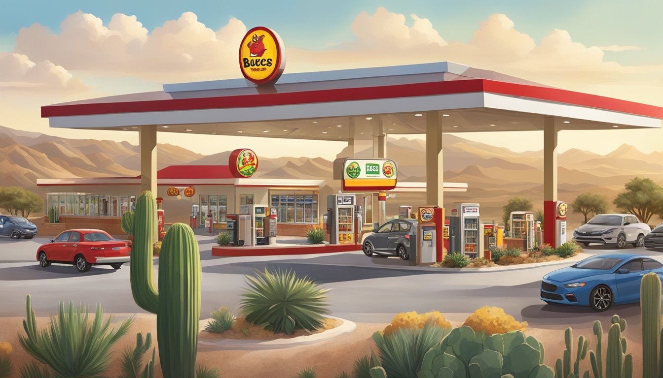 A bustling Buc-ee's gas station in Arizona, surrounded by desert landscape and cacti. A focus on sustainable and eco-friendly features