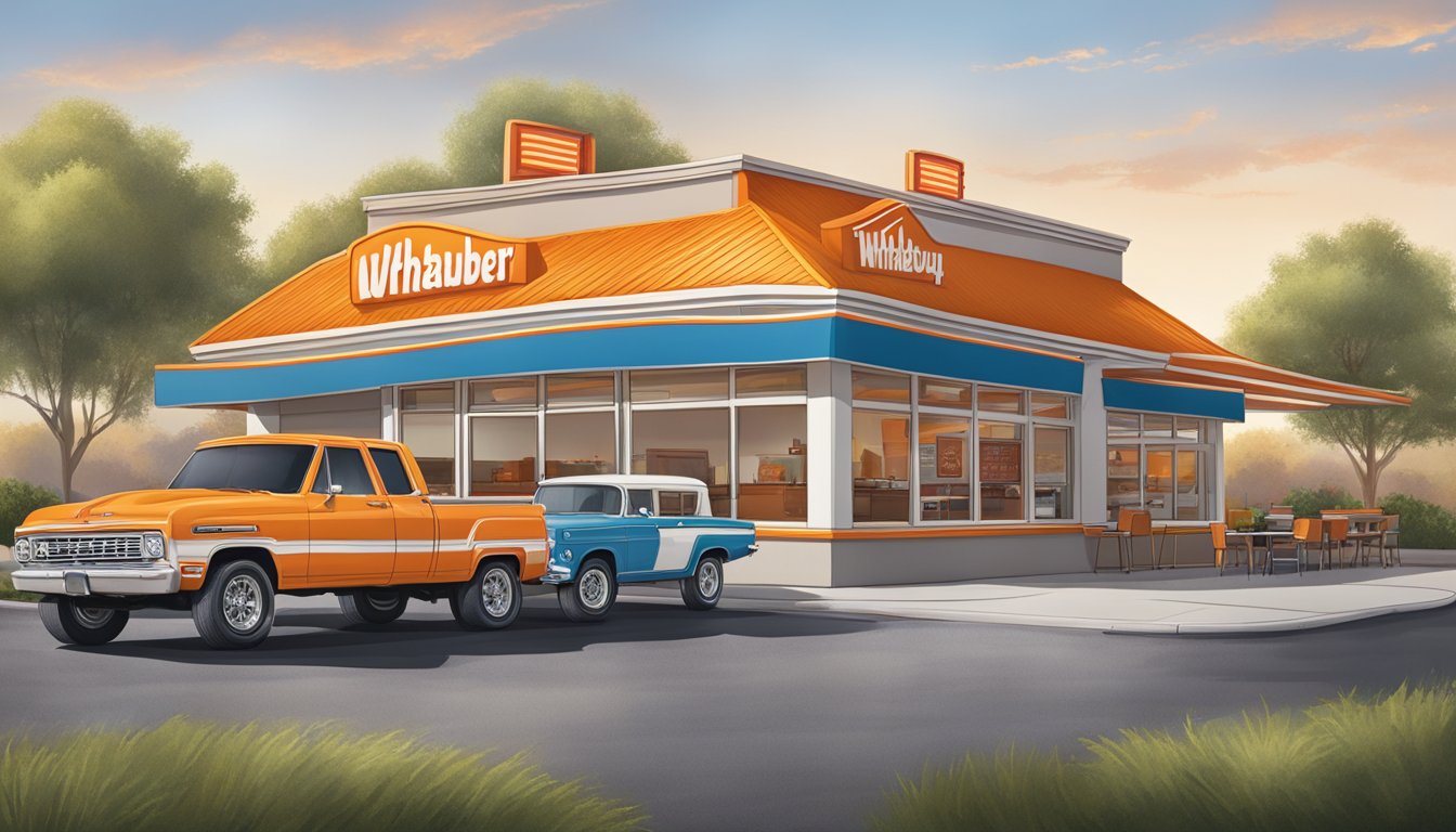 A classic Whataburger restaurant with a drive-thru, outdoor seating, and a large menu board