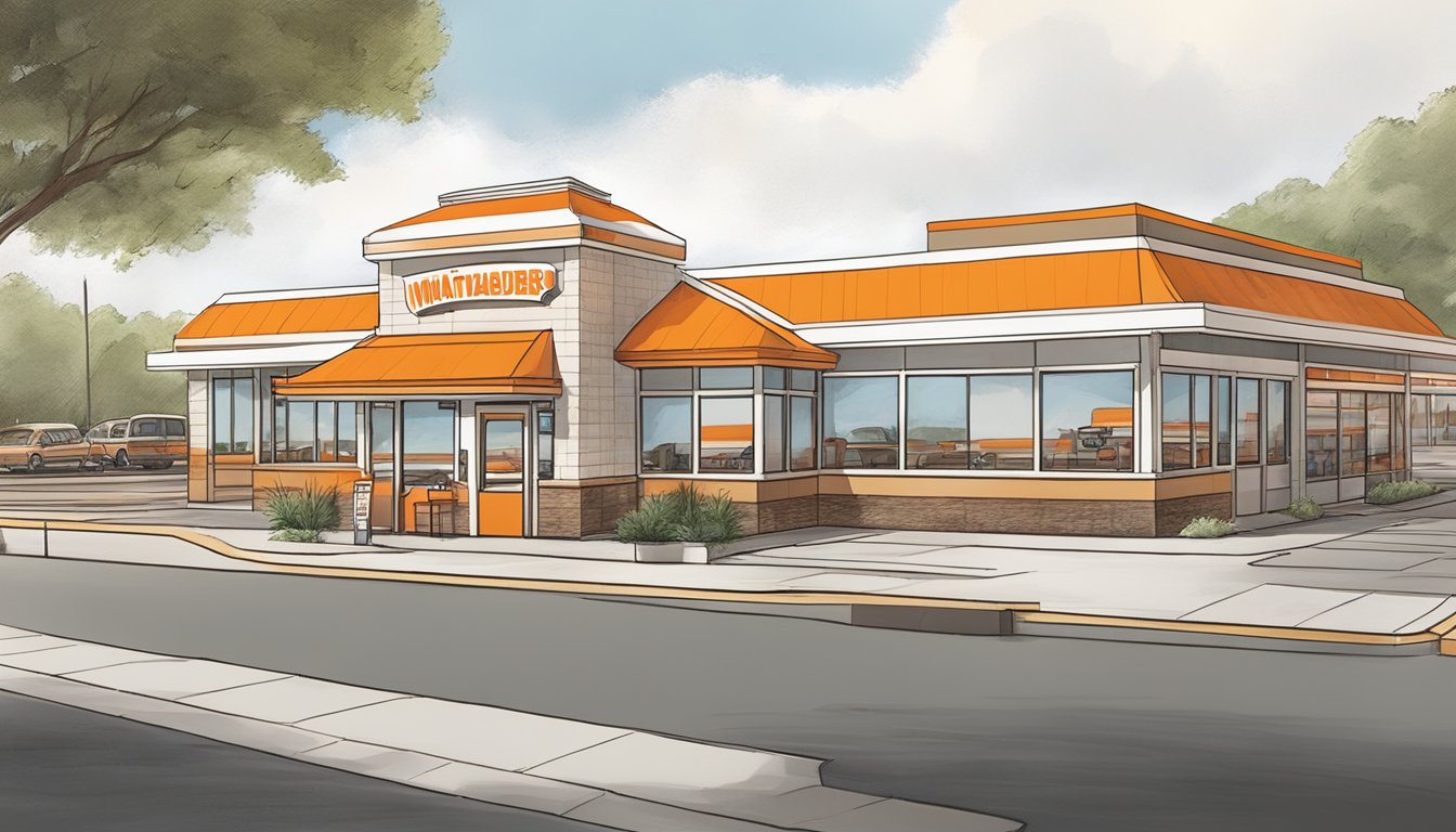 A bustling Whataburger restaurant in Round Rock, Texas, with its iconic orange and white striped roof and drive-thru lanes