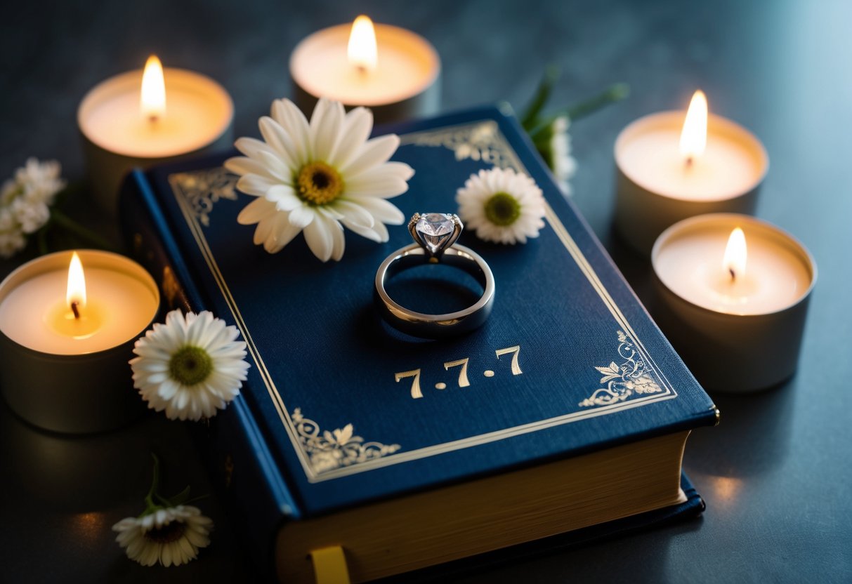 A wedding ring placed on a book with "7 7 7" inscribed on the cover, surrounded by seven flowers and seven candles