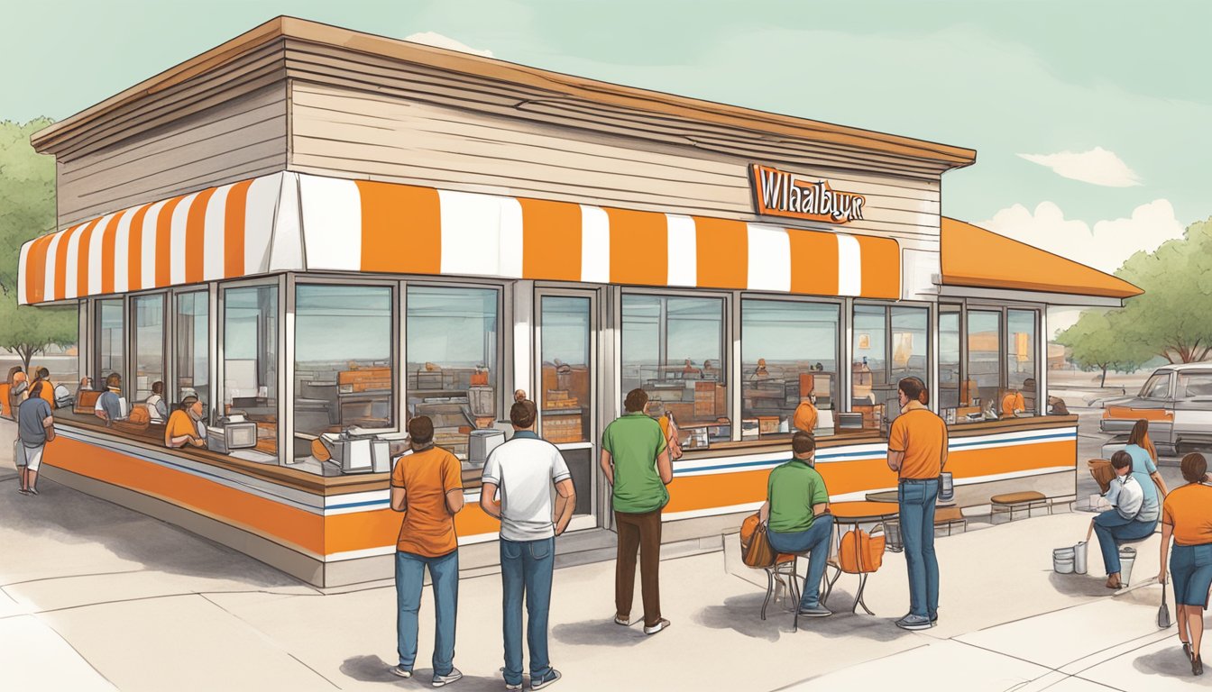 A bustling Whataburger restaurant in Round Rock, Texas, with customers enjoying their meals and employees serving up delicious rewards and merchandise