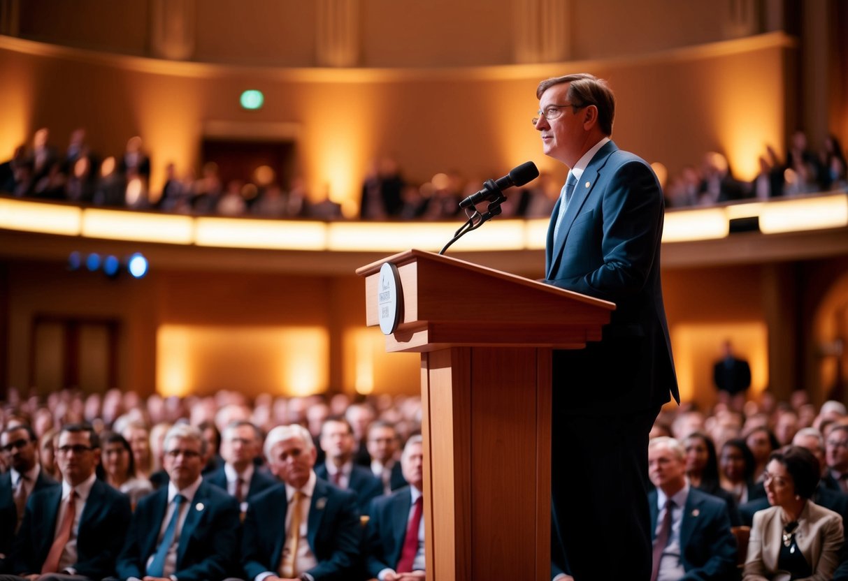 A podium stands in a grand hall, bathed in warm light, waiting for a speaker to step forward and address the eager audience