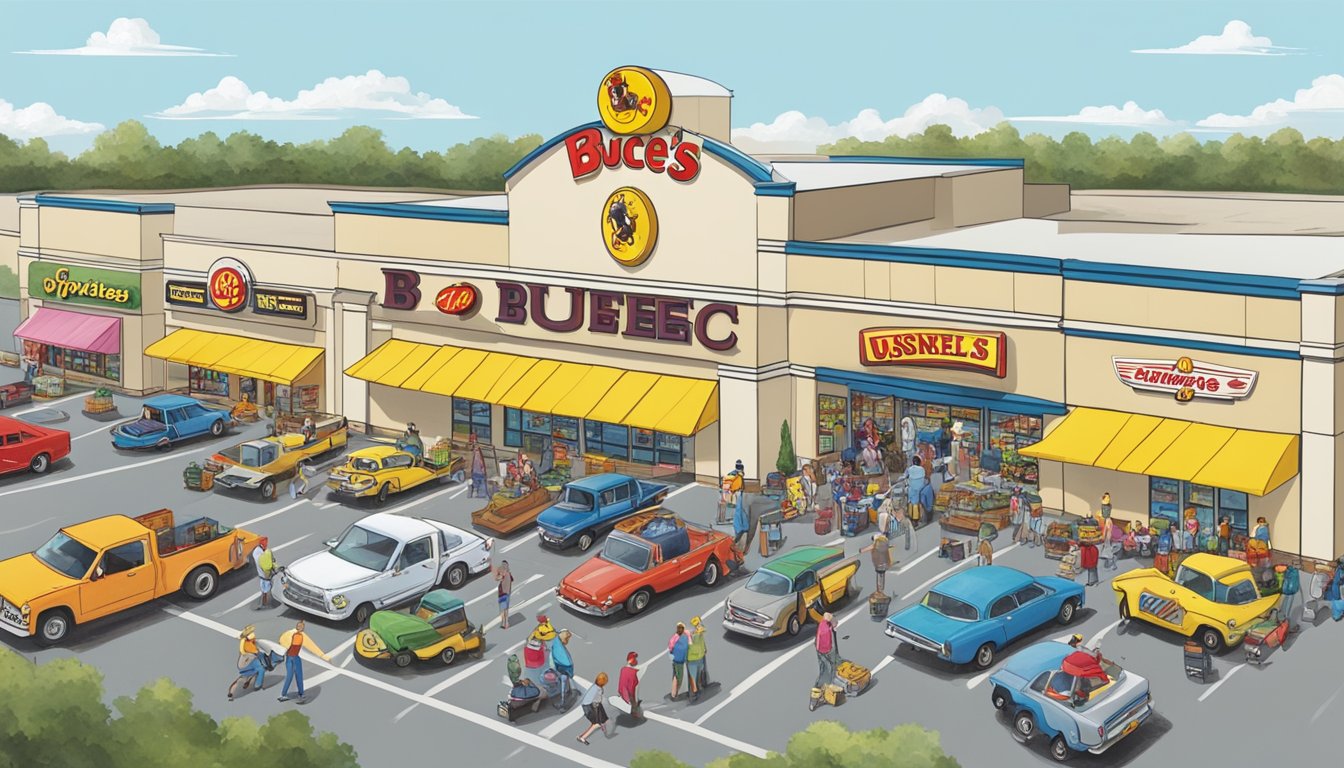 A bustling scene outside Buc-ee's in Springfield, MO, with cars filling the parking lot and people coming and going from the store