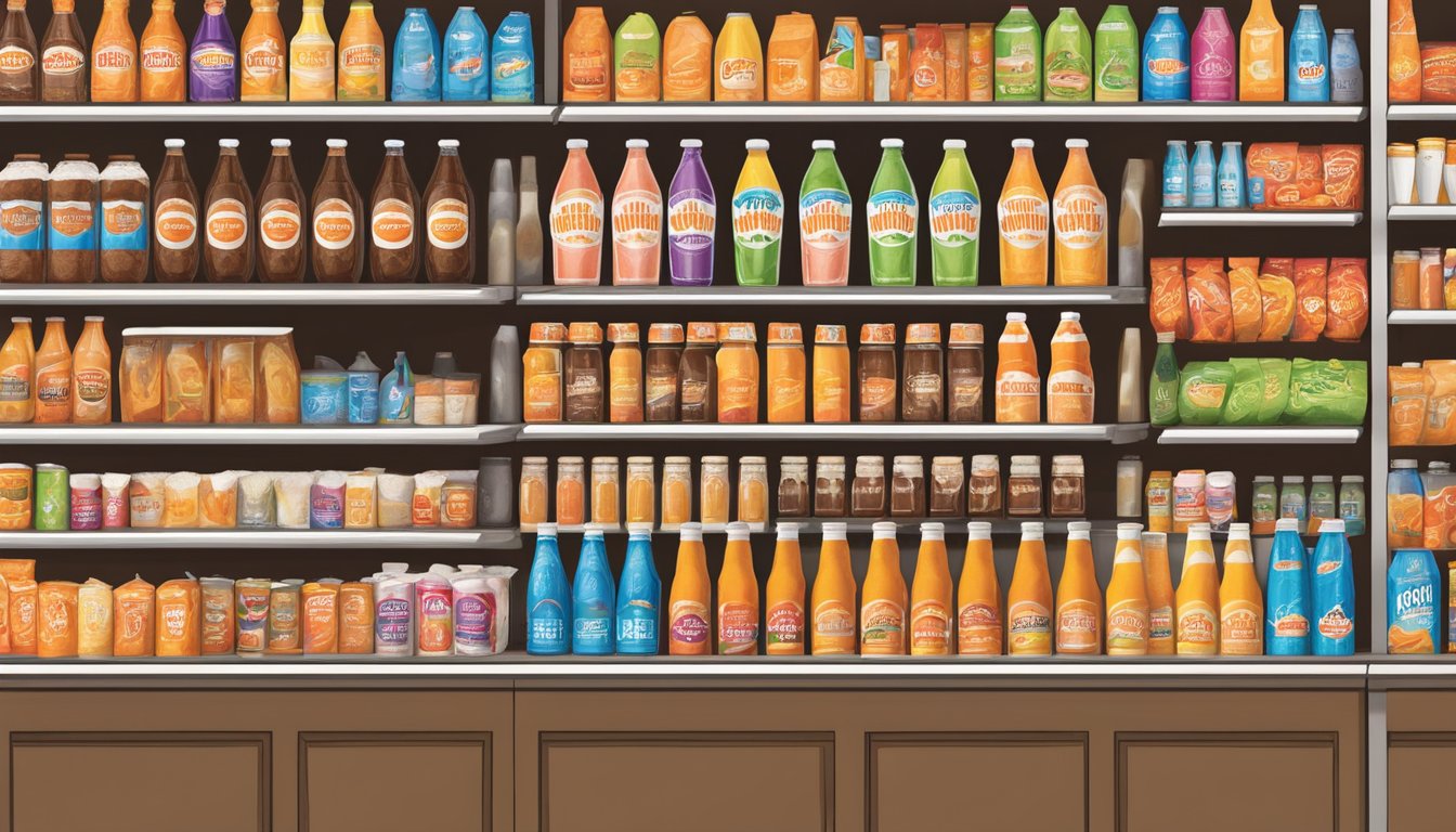 A colorful array of beverage options displayed on shelves at a Whataburger in Round Rock, Texas