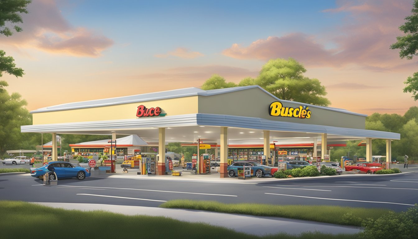 A bustling Buc-ee's gas station in Springfield, MO with a large parking lot, fuel pumps, and a towering sign. The store is surrounded by lush greenery and busy with customers