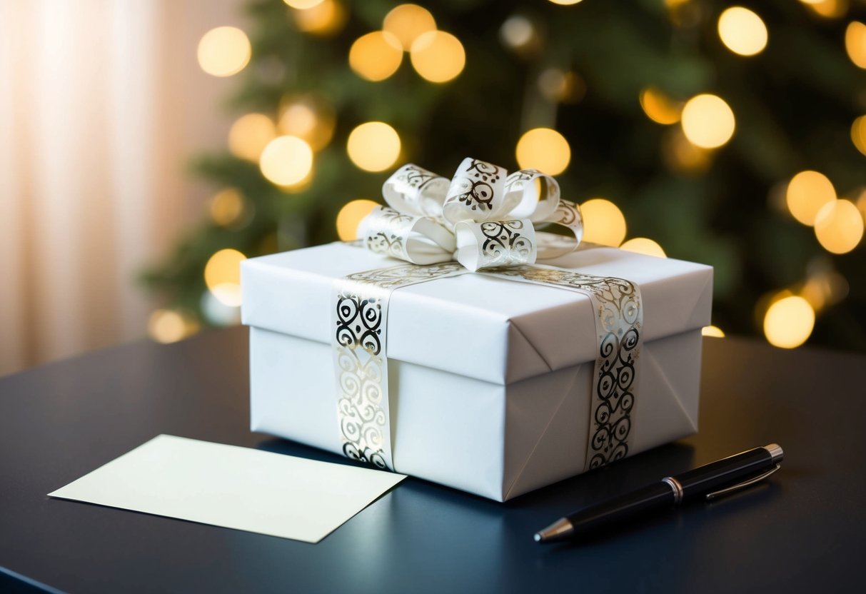 A beautifully wrapped gift box with a decorative bow sits on a table next to a wedding card and a pen