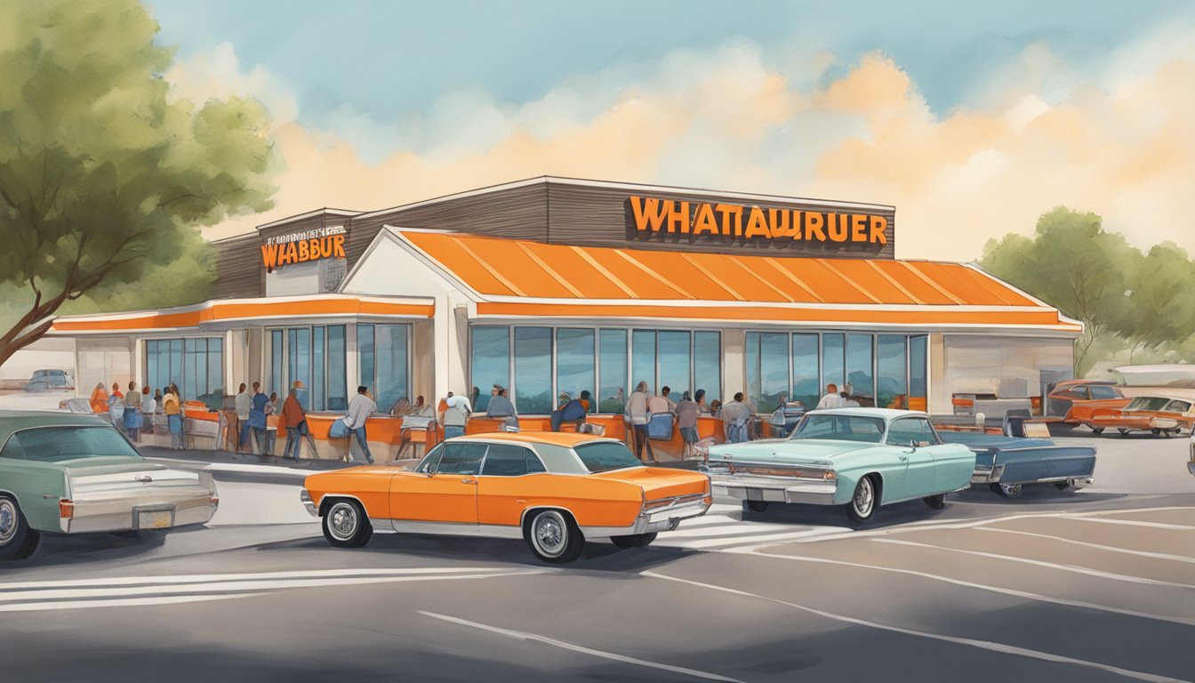 A bustling Whataburger restaurant in Round Rock, with a drive-thru line of cars and a busy dining area filled with customers enjoying their meals