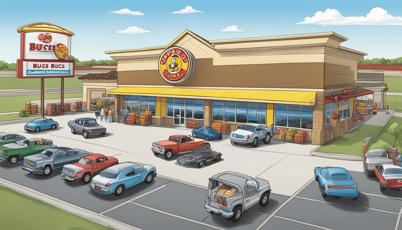 A bustling Buc-ee's store in Springfield, MO with a large gas station, clean restrooms, and a variety of snacks and merchandise for customers