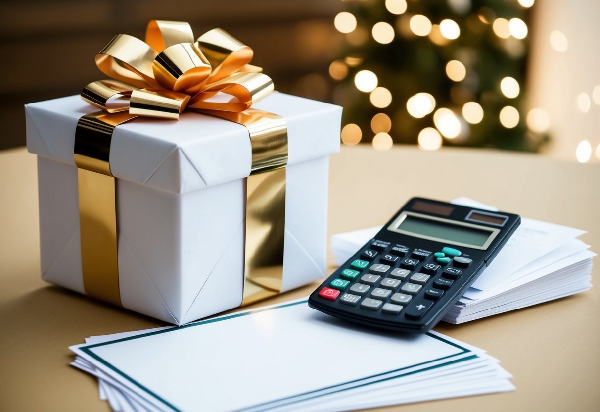 A wrapped gift box with a bow sits on a table, surrounded by a stack of blank wedding invitations and a calculator