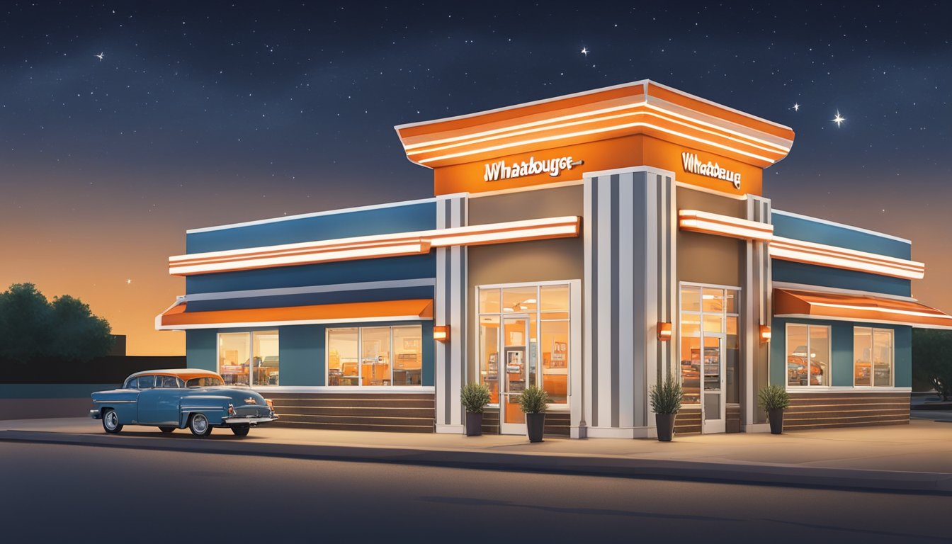 The Whataburger in Round Rock is brightly lit with cars in the drive-thru and a few customers inside ordering food. The iconic orange and white striped building stands out against the night sky