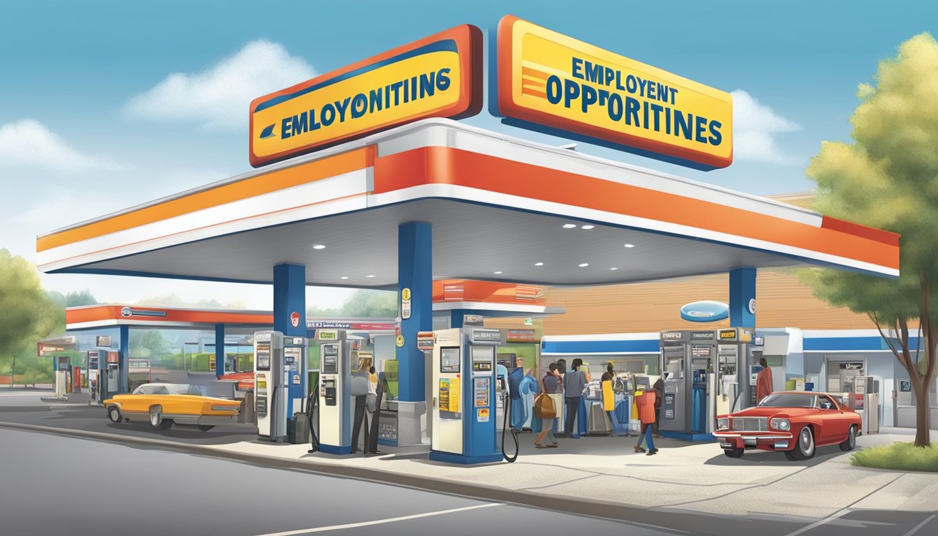 A bustling gas station with a large sign reading "Employment Opportunities" and a steady flow of customers entering and exiting