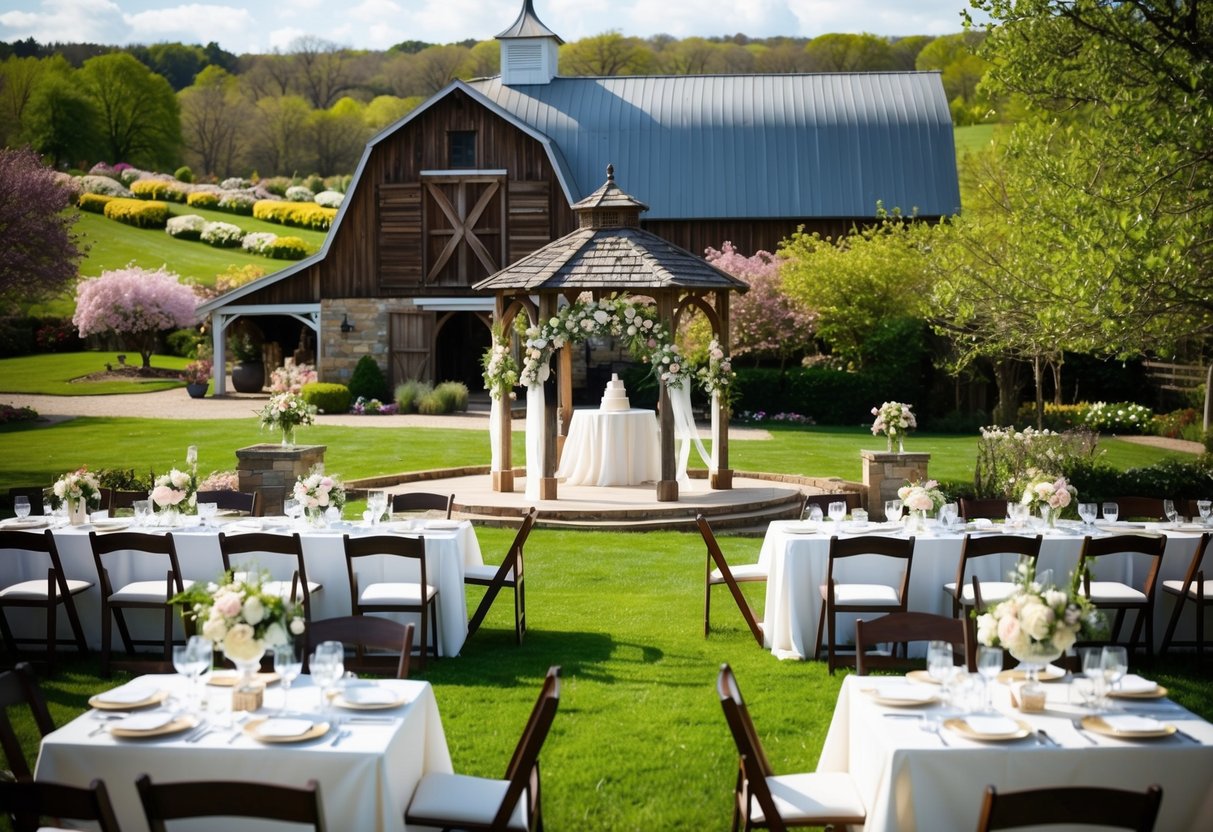 A picturesque countryside wedding venue with a rustic barn, blooming gardens, and a charming gazebo. Tables set with elegant place settings and a beautiful floral arch for the ceremony