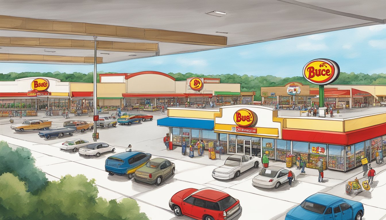 A bustling Buc-ee's location in Texas, with a massive store, gas pumps, and a flurry of activity