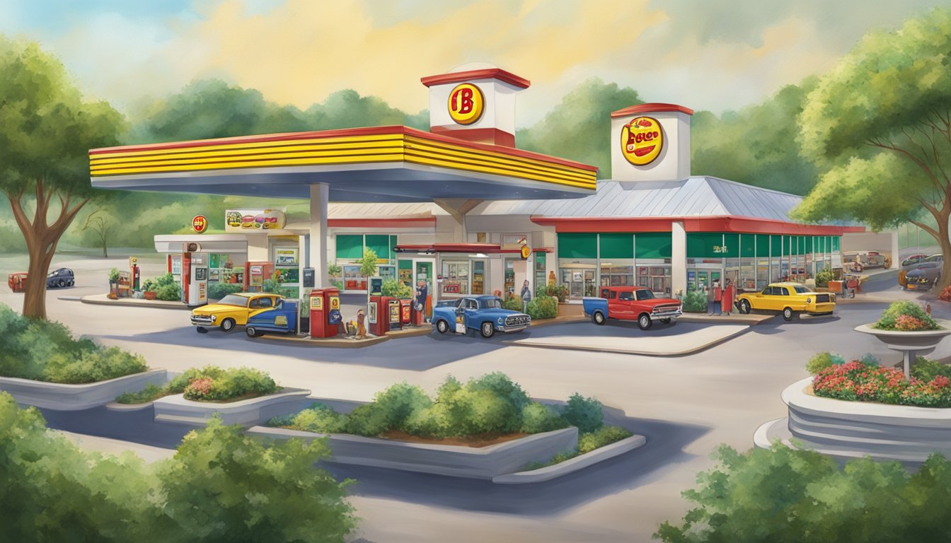 A bustling buc-ee's gas station and convenience store surrounded by lush greenery and filled with customers and vehicles