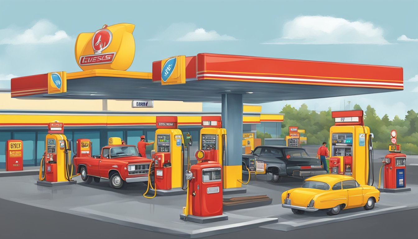 A busy gas station with a large, iconic beaver mascot and a prominent red and yellow color scheme. Numerous gas pumps and a large store with a bustling crowd