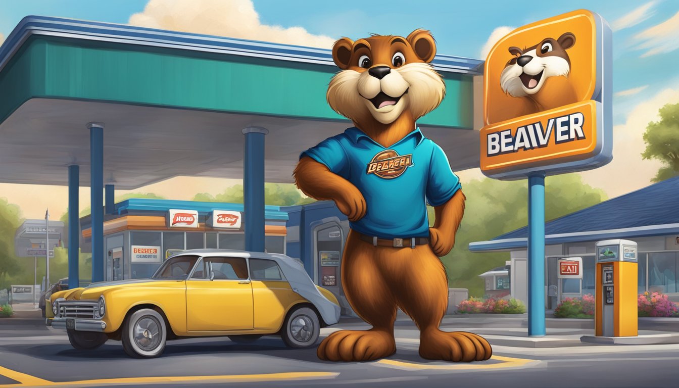 The iconic beaver mascot stands proudly in front of a massive gas station adorned with a towering sign and a sprawling parking lot