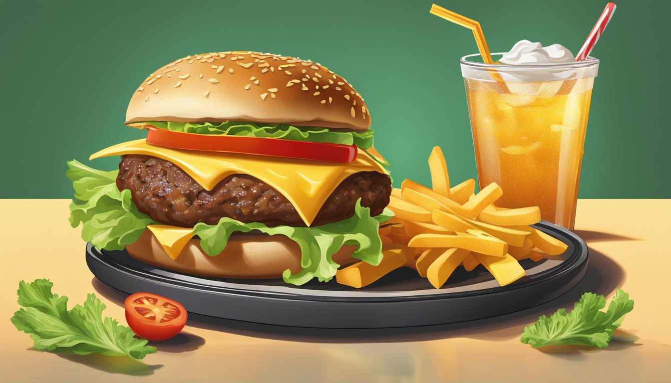 A sizzling burger with melted cheese, crisp lettuce, and juicy tomatoes, alongside a side of golden, crispy fries, and a cold, refreshing drink