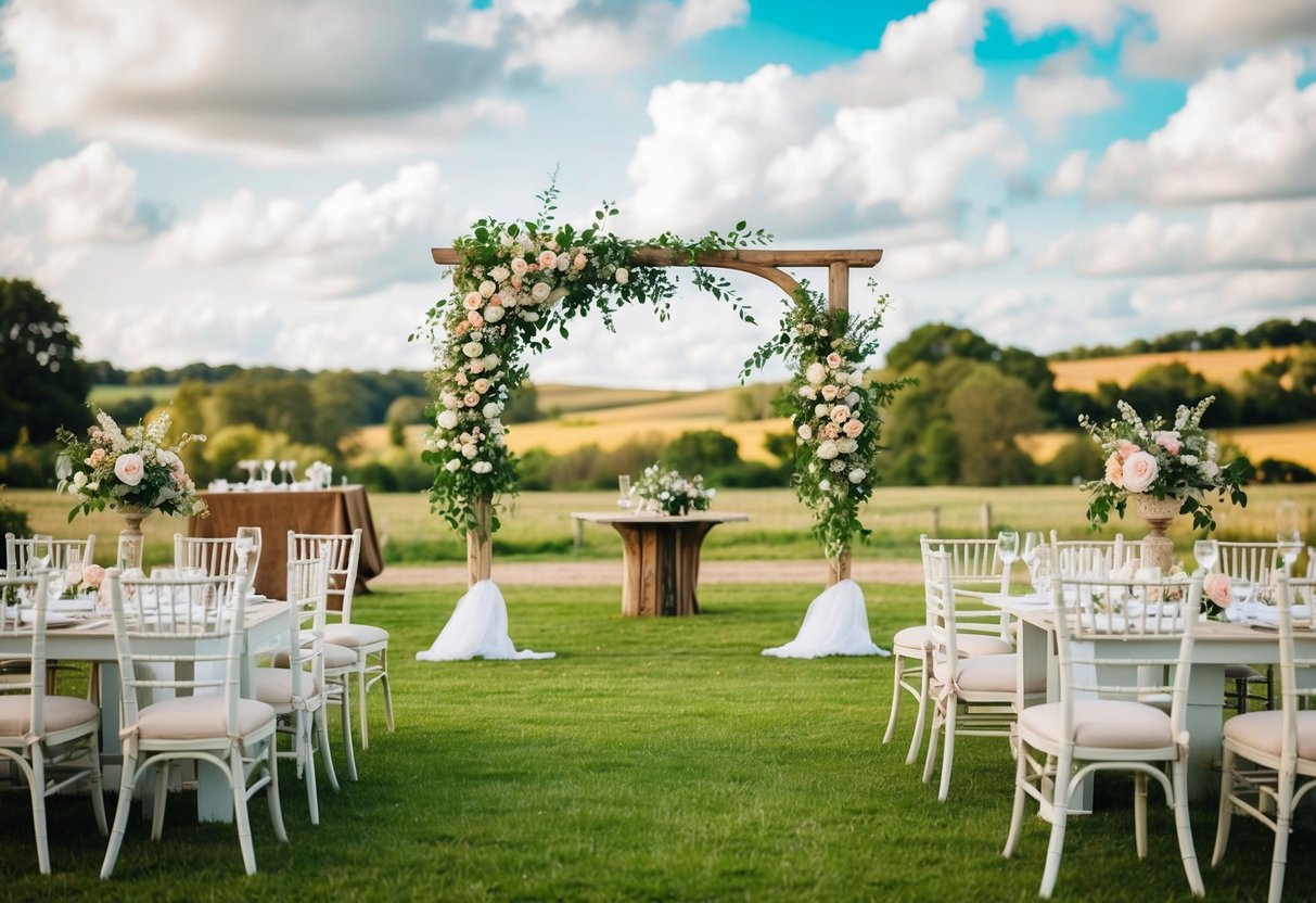 A picturesque countryside wedding with a floral arch, elegant seating, and a rustic reception area