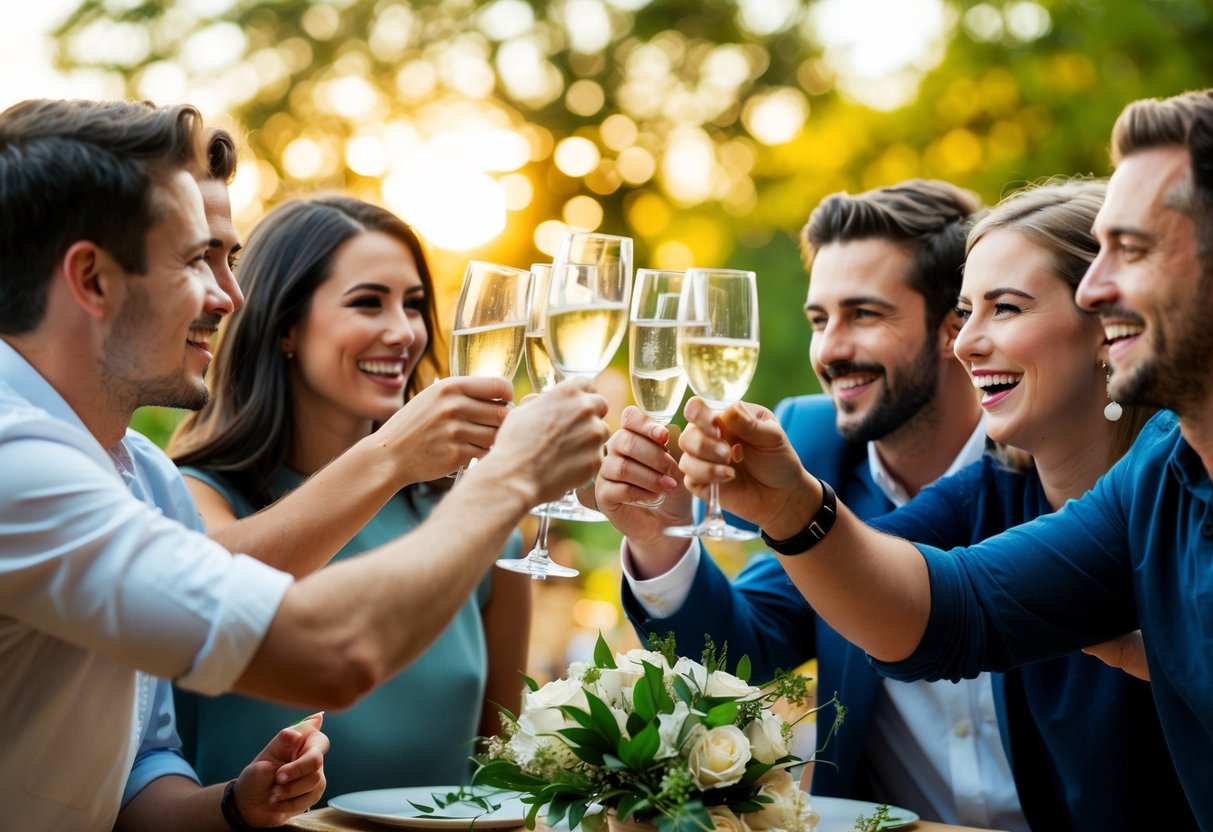A group of friends raise their glasses in celebration, smiling and laughing as they share a heartfelt toast