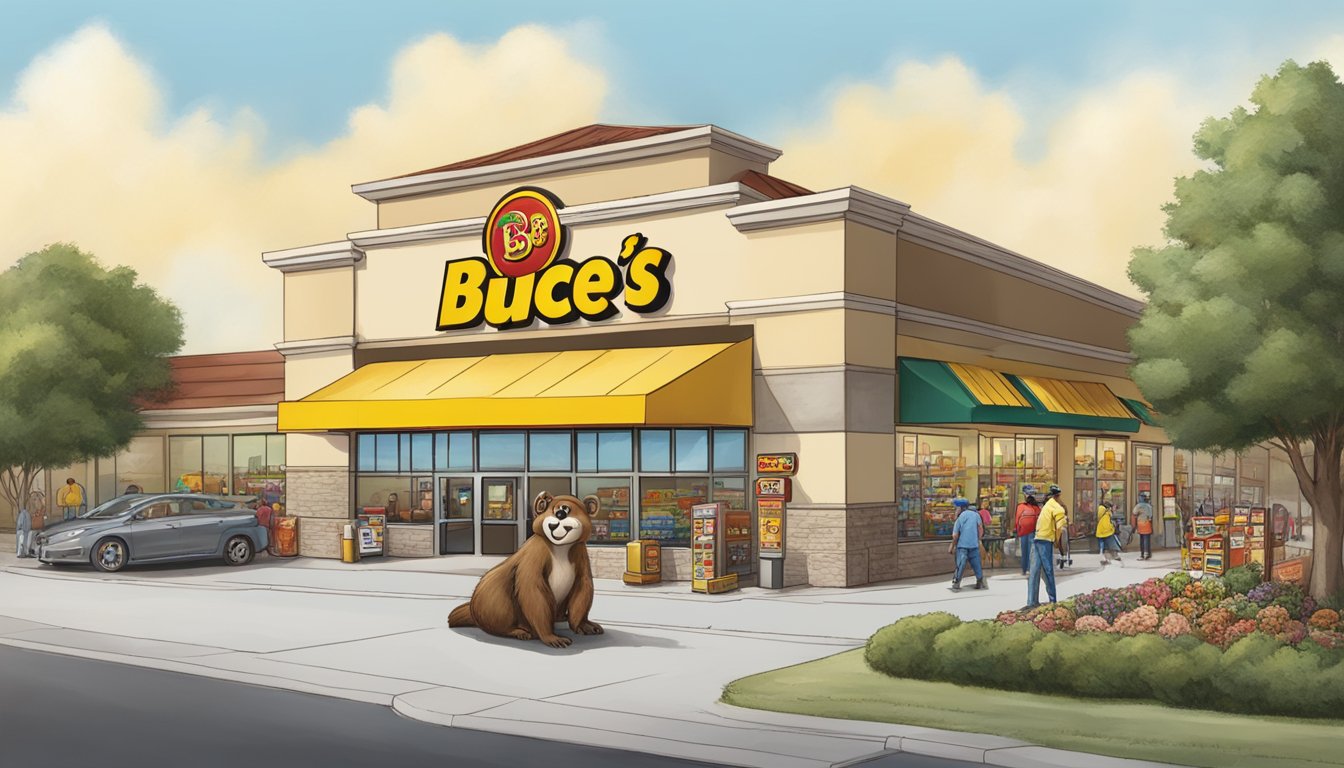 A bustling buc-ee's location in Texas, with a giant beaver mascot, fuel pumps, snacks, and merchandise