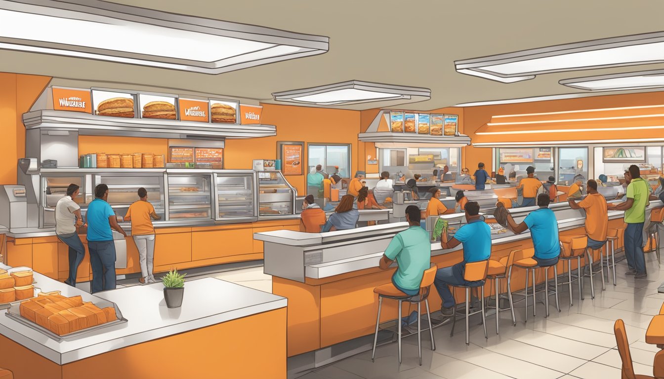 A crowded Whataburger restaurant with people enjoying their meals at booths and tables, while employees work behind the counter