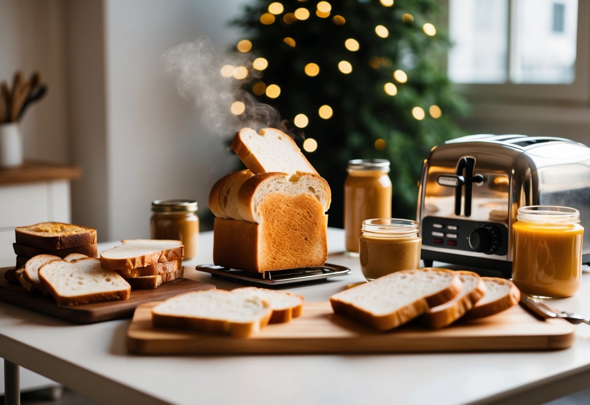 A table set with a variety of bread slices, jars of spreads, and a toaster, with a warm, golden slice popping up