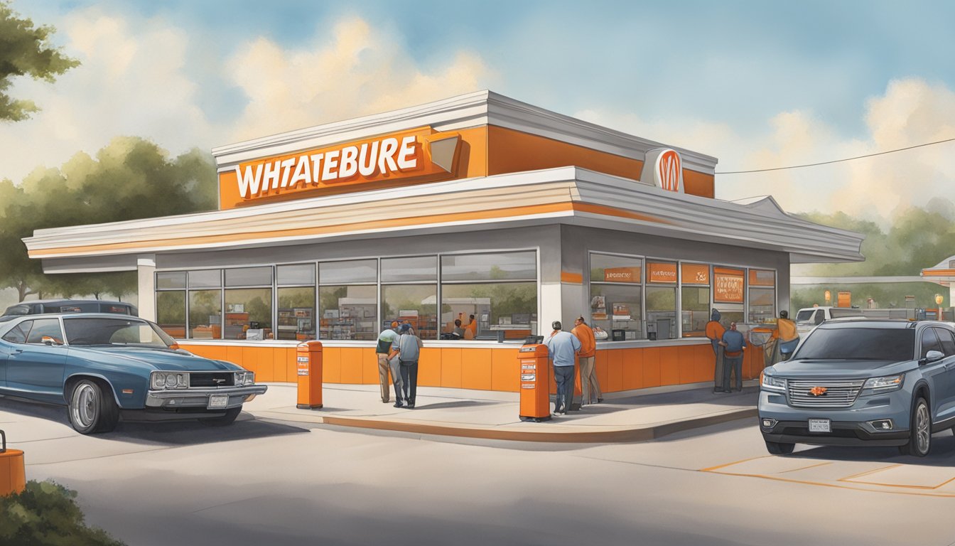 The Whataburger in Waco is bustling with activity during its operational hours, with cars lined up at the drive-thru and customers coming in and out of the restaurant