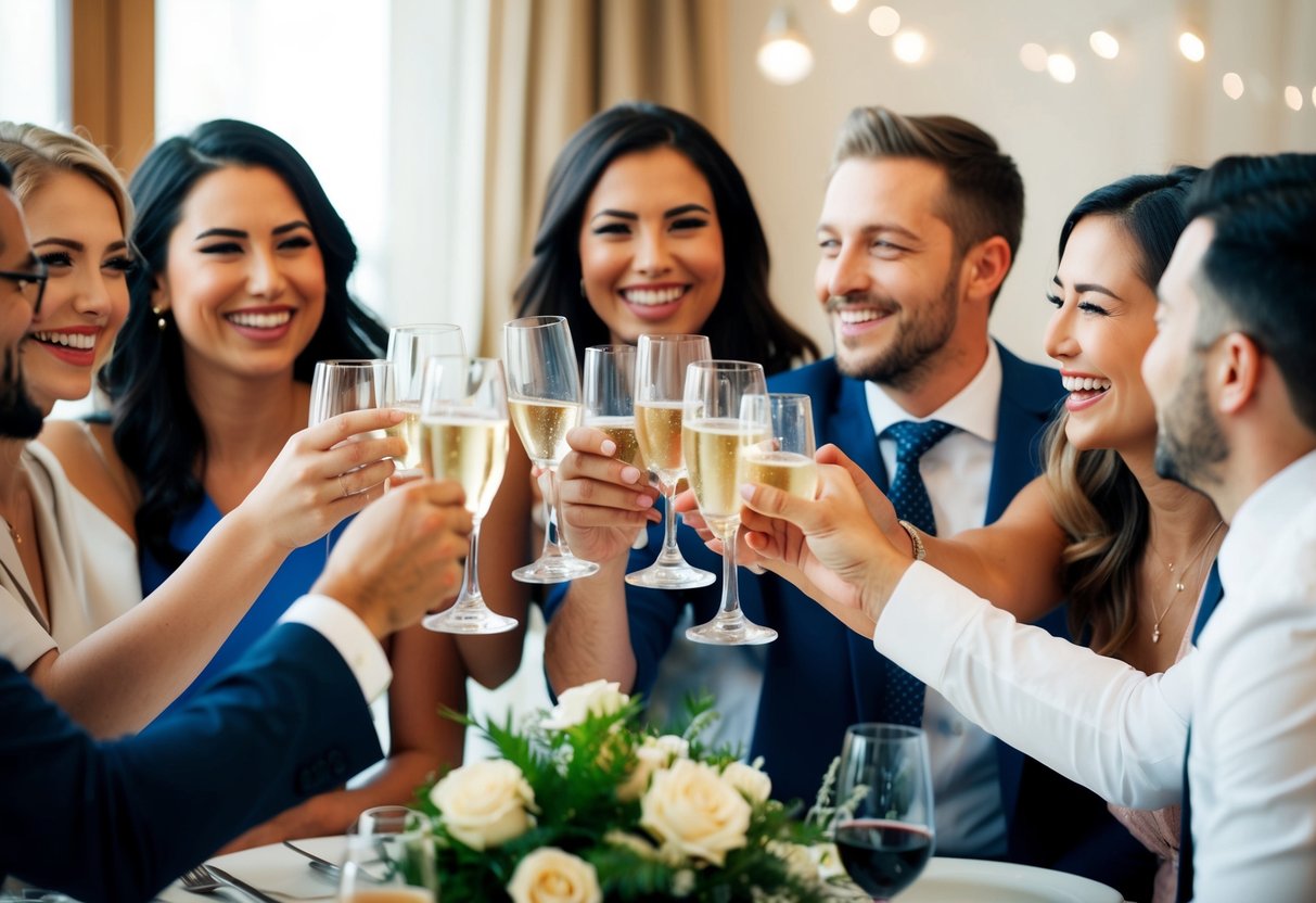 A group of friends raise their glasses, smiling and laughing as they listen to a heartfelt toast