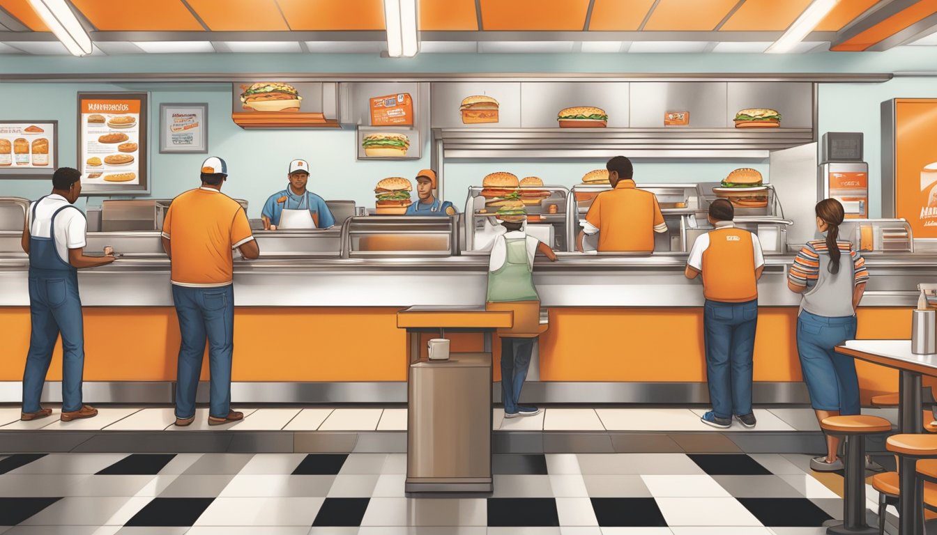 A bustling Whataburger restaurant with a line of customers at the counter, while employees prepare orders and the aroma of sizzling burgers fills the air