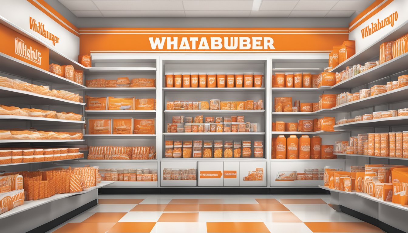 A Whataburger merchandise display in Waco, featuring iconic orange and white branding with various products arranged neatly on shelves