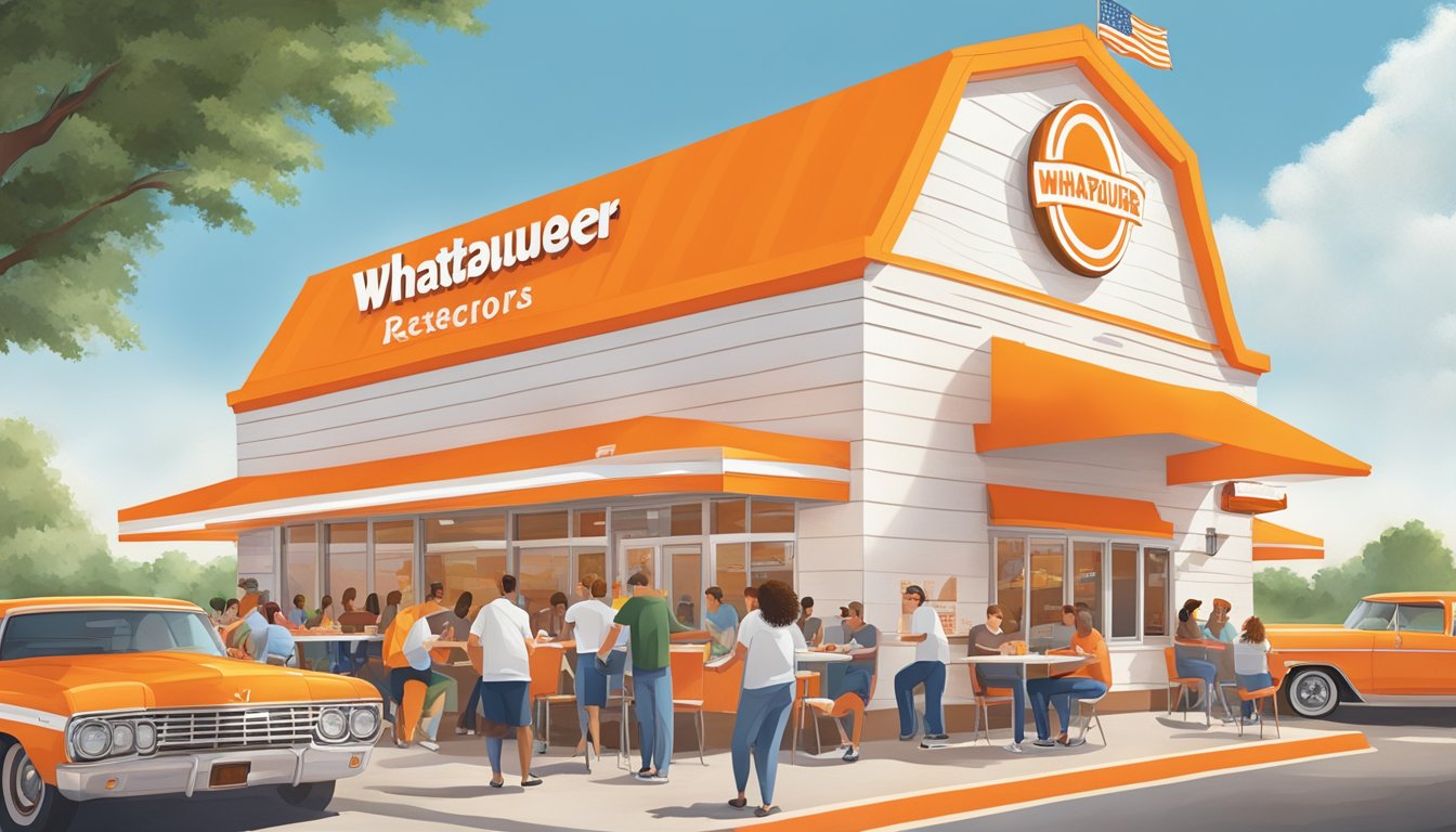 A bustling Whataburger restaurant in Waco, Texas, with customers enjoying their meals and the iconic orange and white branding displayed prominently