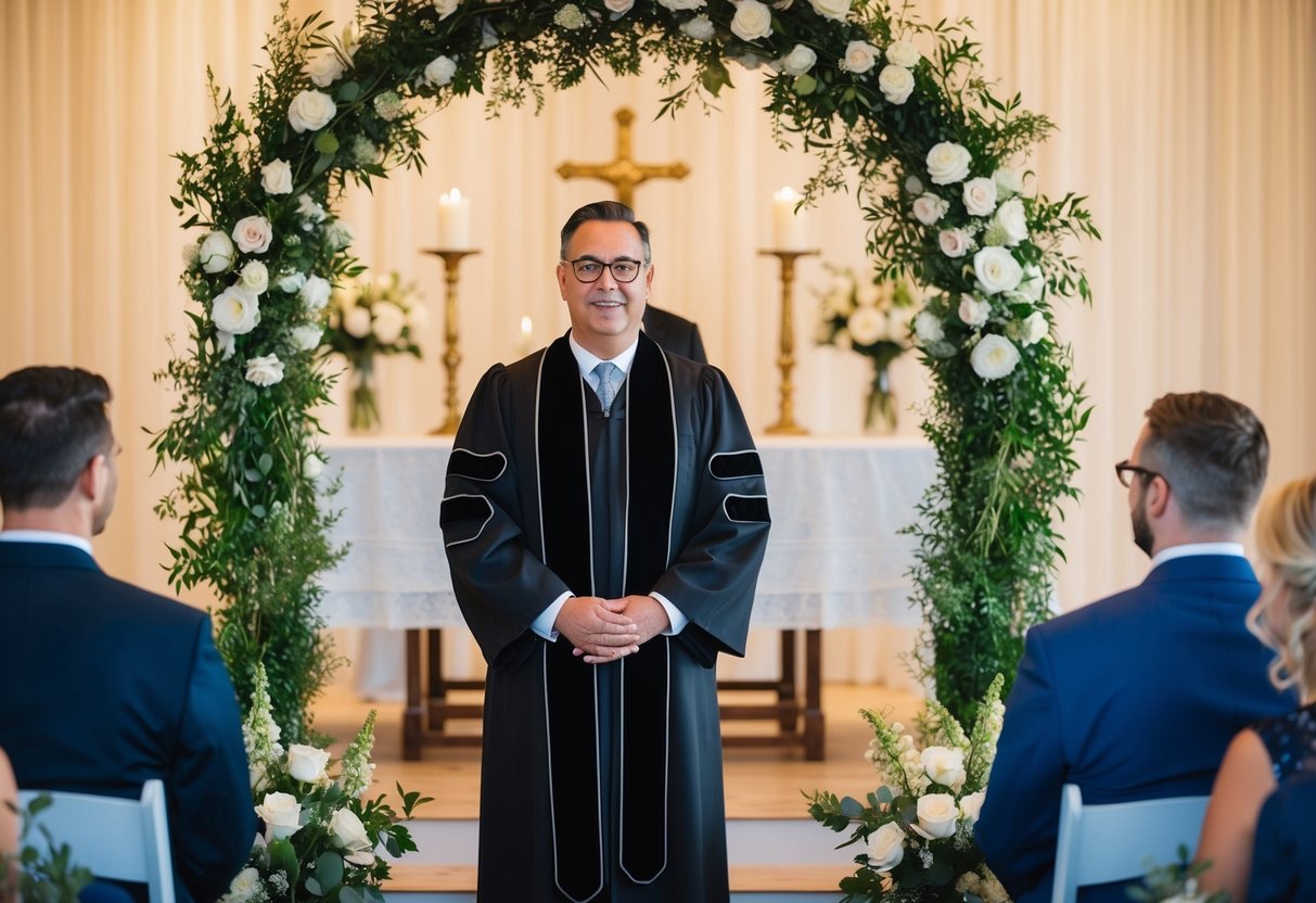 A wedding officiant stands at the front of a beautifully decorated ceremony space, ready to perform the marriage ceremony