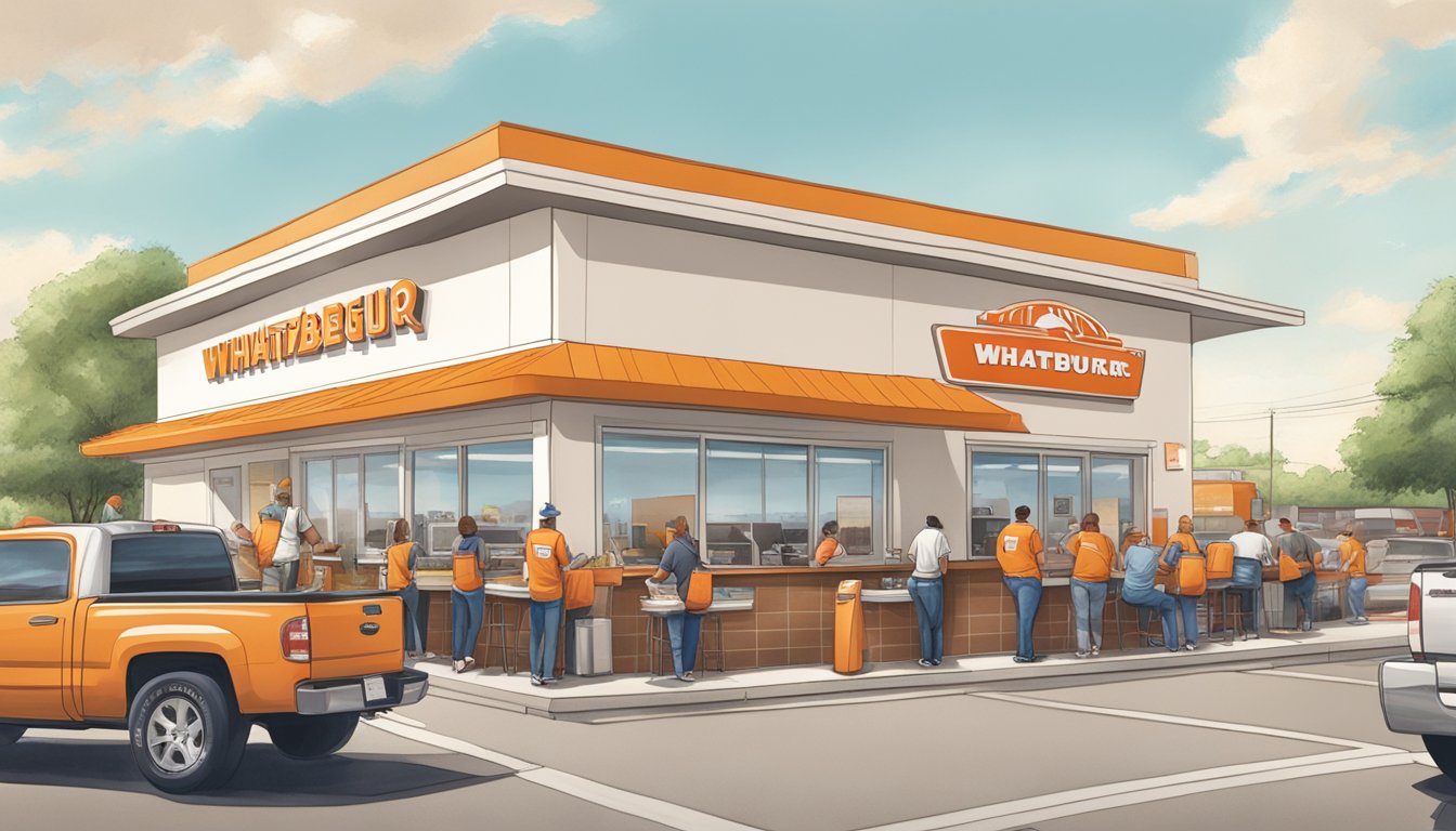 A bustling Whataburger in Waco, with customers enjoying their meals and staff working efficiently to serve the community