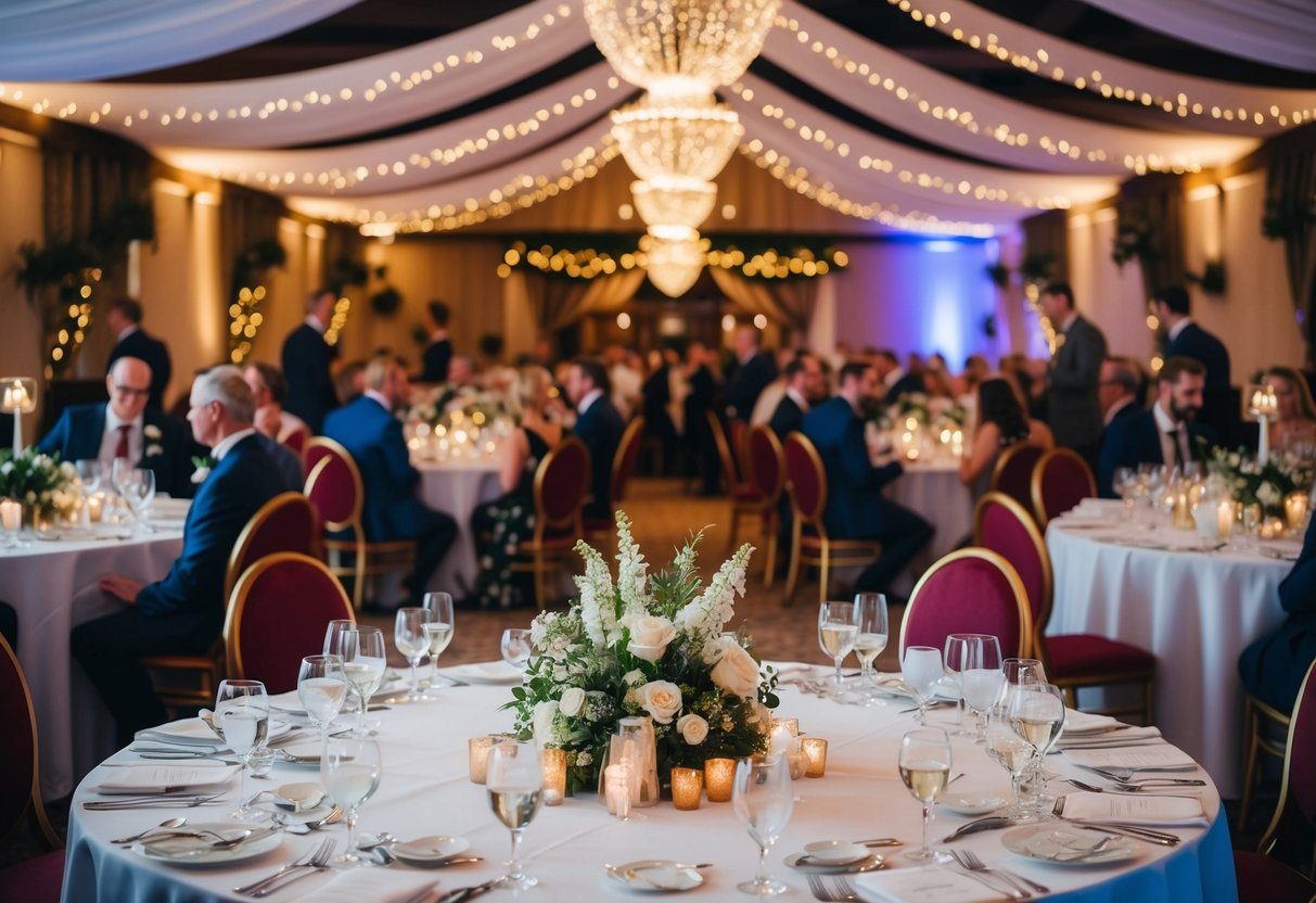 A festive wedding banquet with a full dining table and decorated venue, indicating a typical average number of guests at a UK wedding