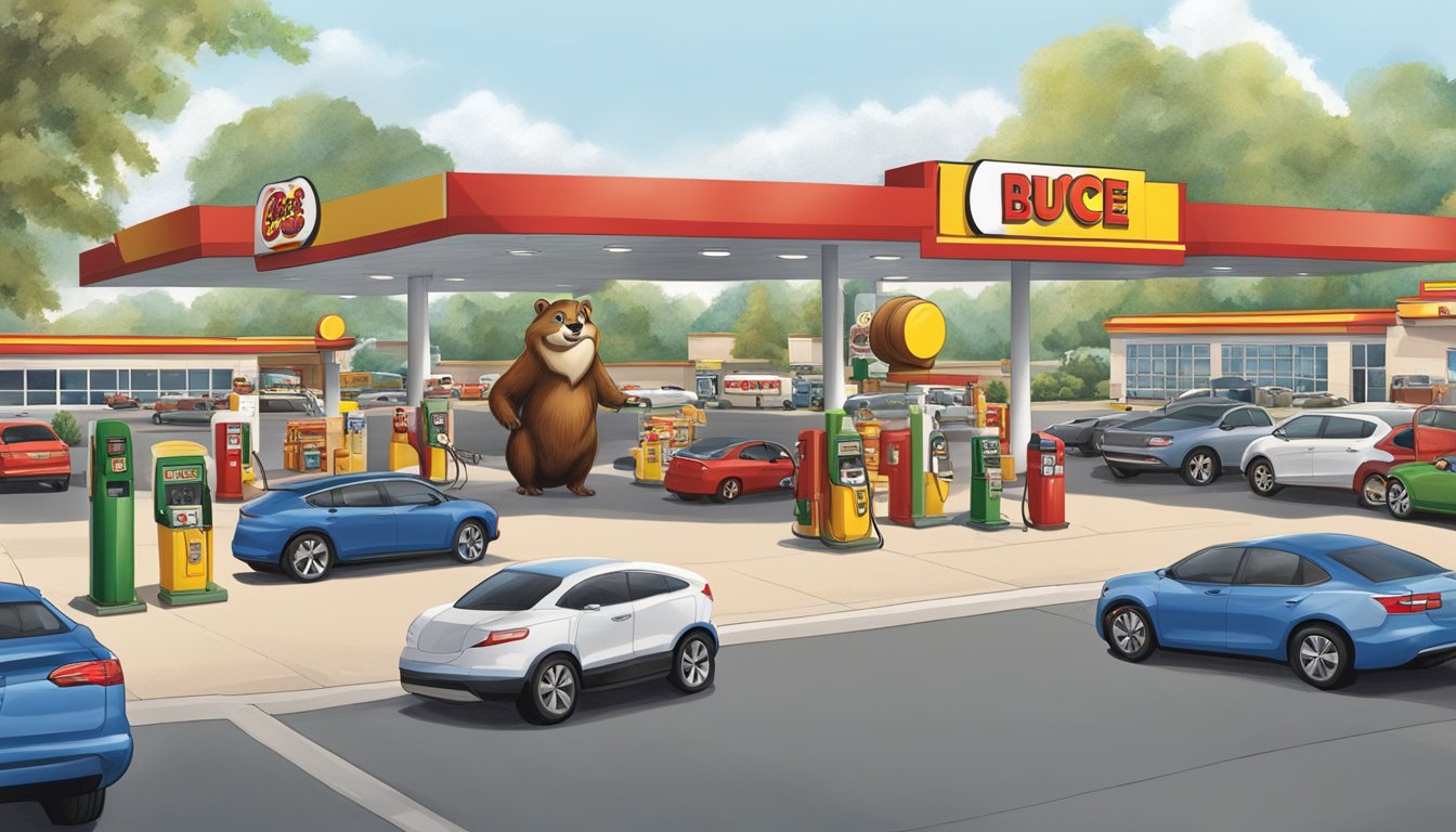 A bustling Buc-ee's gas station and convenience store, with a giant beaver mascot and rows of fuel pumps, surrounded by a large parking lot